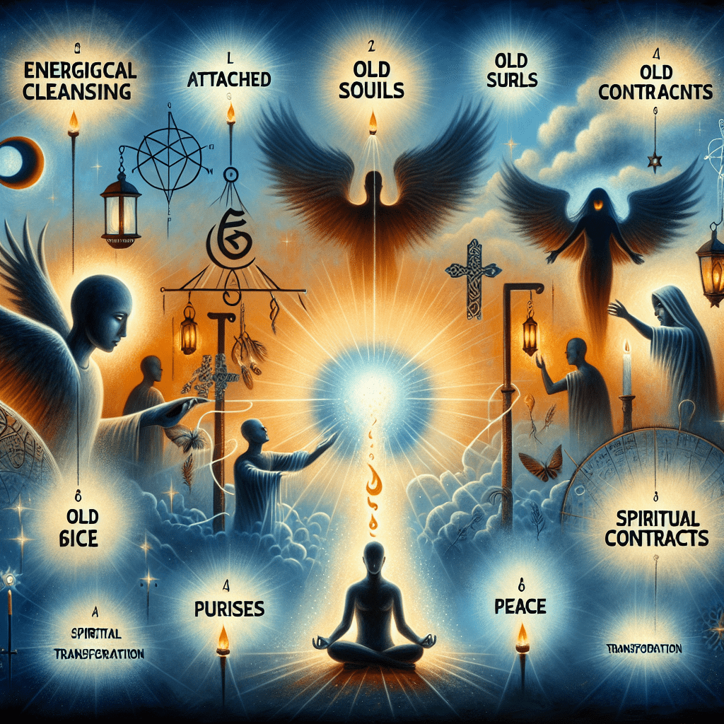 Spirituální diagram znázorňující energetické čištění, staré duše, smlouvy a transformaci se světelným centrem a andělskými bytostmi.
